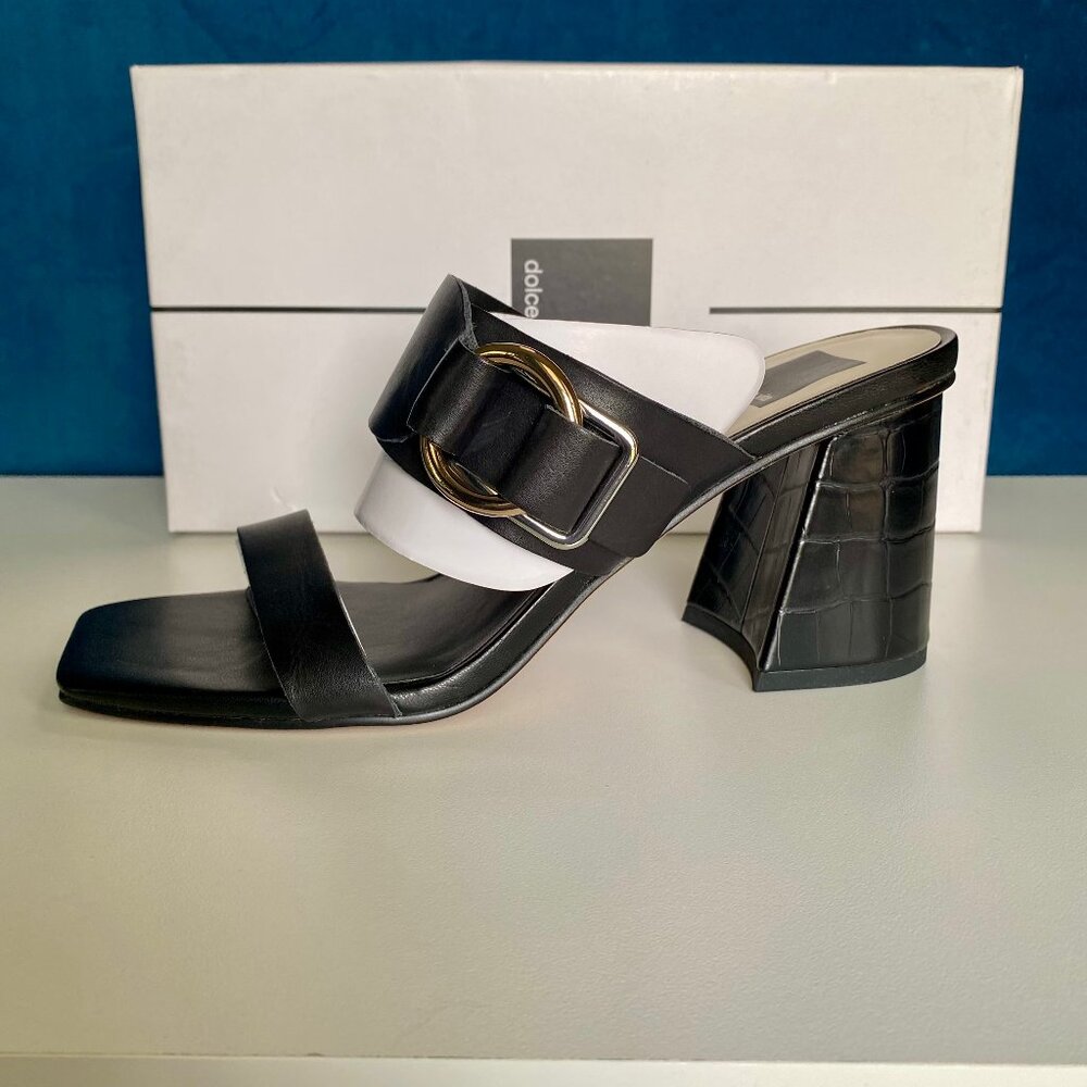 NIB Dolce Vita Palyce Chunky Block Heel Sandals Black Mixed Metal Size 8.5